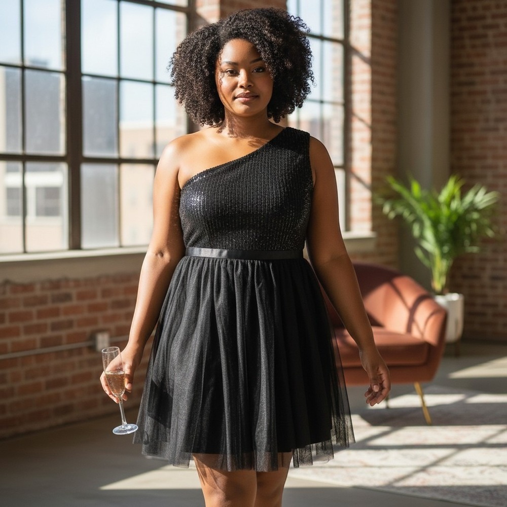 Berylove Dress Womens 2XL Black One Shoulder Sequin Tulle Fit Flare Party NWT